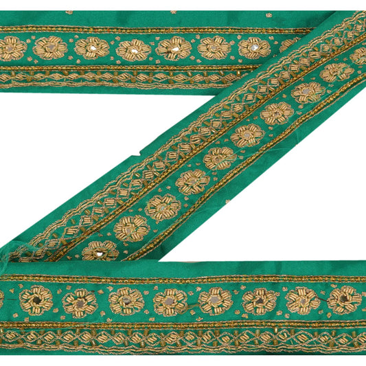 Sanskriti Vintage Sari Border Hand Beaded 1 Yard Trims Décor Ribbon Green Lace