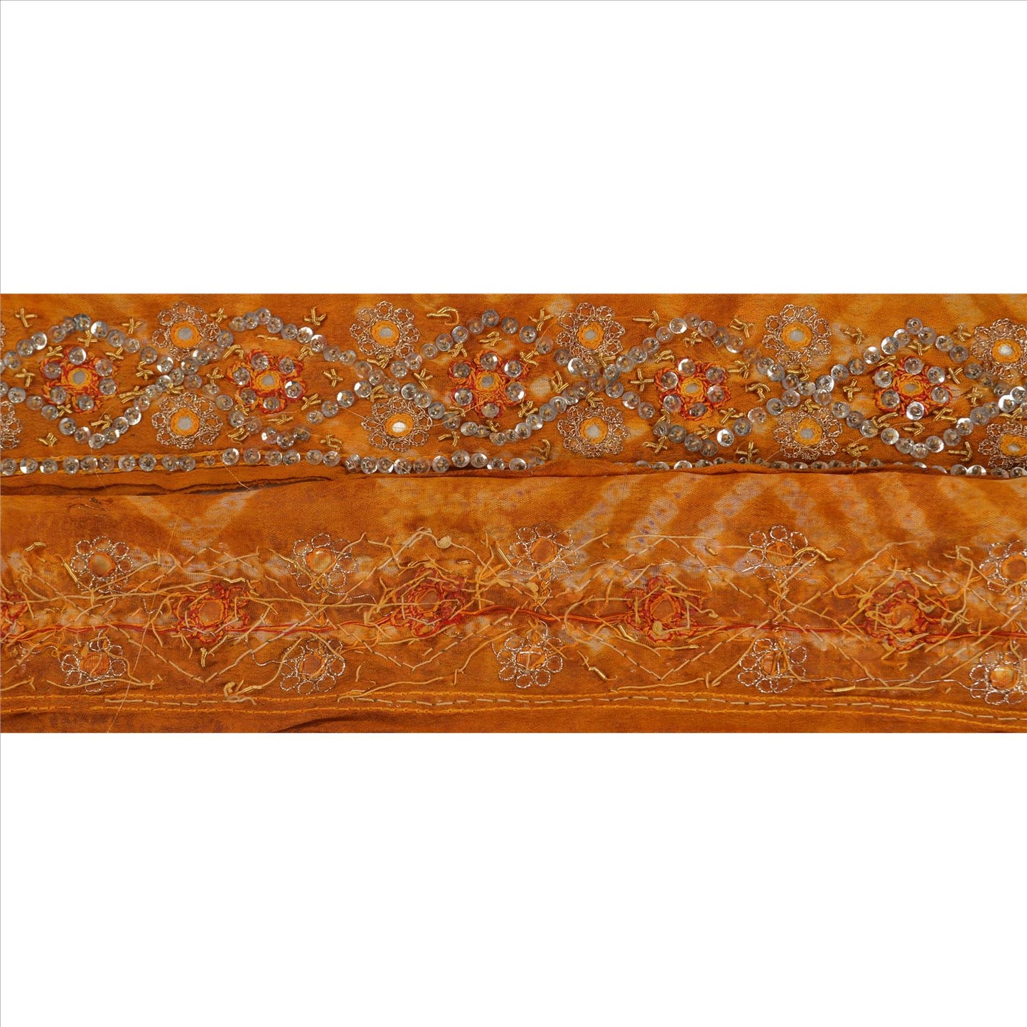 Sanskriti Vintage Sari Border Hand Beaded 1 YD Trim Sewing Saffron Bandhani Lace