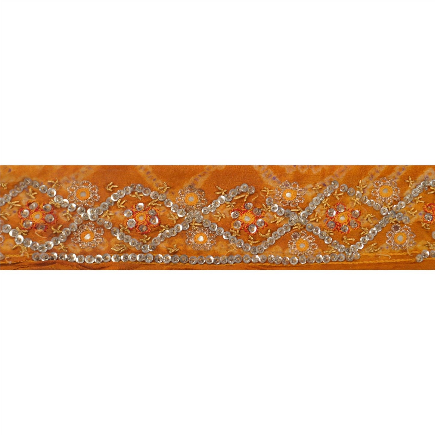 Sanskriti Vintage Sari Border Hand Beaded 1 YD Trim Sewing Saffron Bandhani Lace