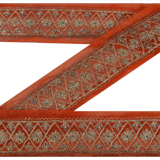 Sanskriti Vintage Sari Border Hand Beaded 1 YD Trim Decor Orange Zari Work Lace