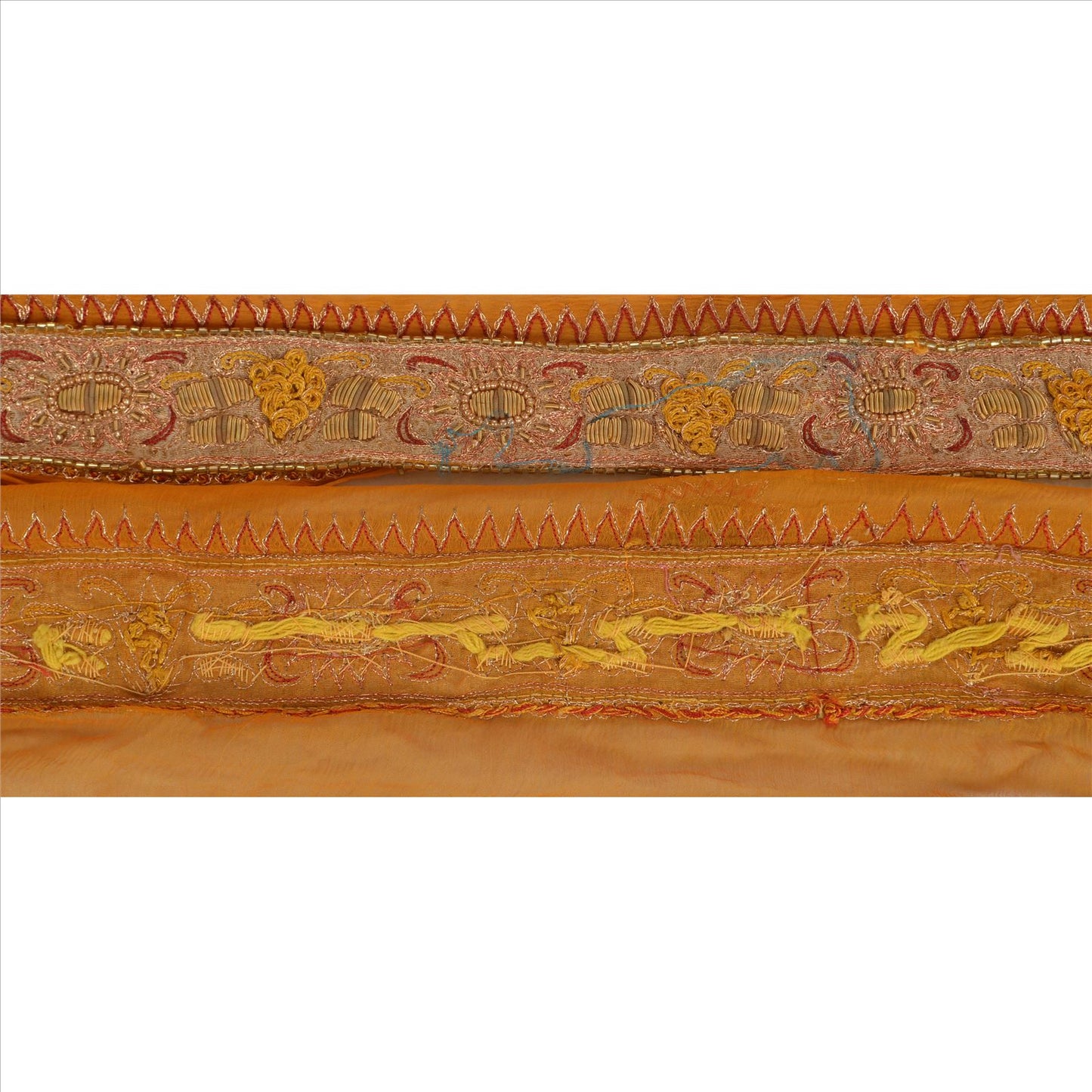 Sanskriti Vintage Sari Border Antique Hand Beaded 1 YD Indian Trim Sewing Saffron Lace