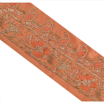 Sanskriti Vintage Sari Border Hand Beaded 1 YD Indian Trim Sewing Peach Lace