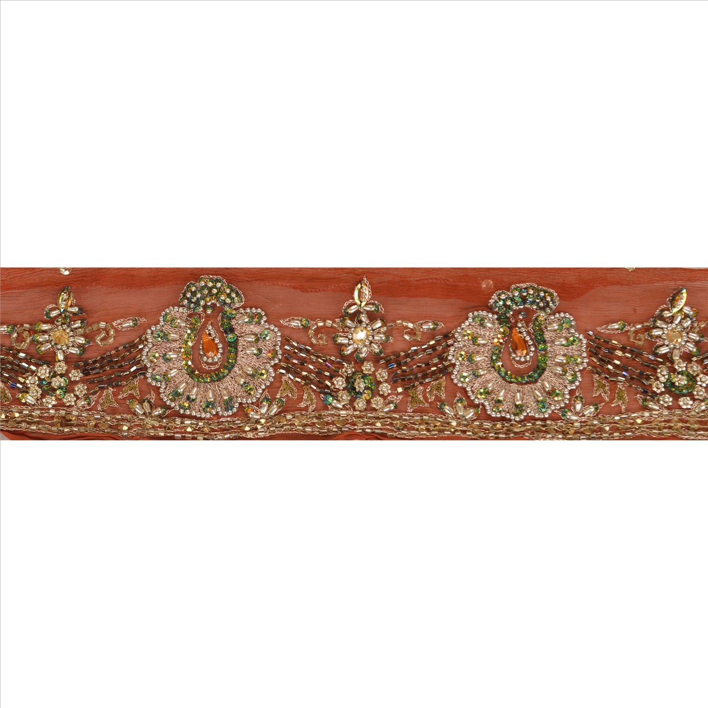 Sanskriti Vintage Sari Border Hand Beaded 1 Yard Trims Sewing Orange Zari Lace