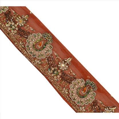 Sanskriti Vintage Sari Border Hand Beaded 1 Yard Trims Sewing Orange Zari Lace