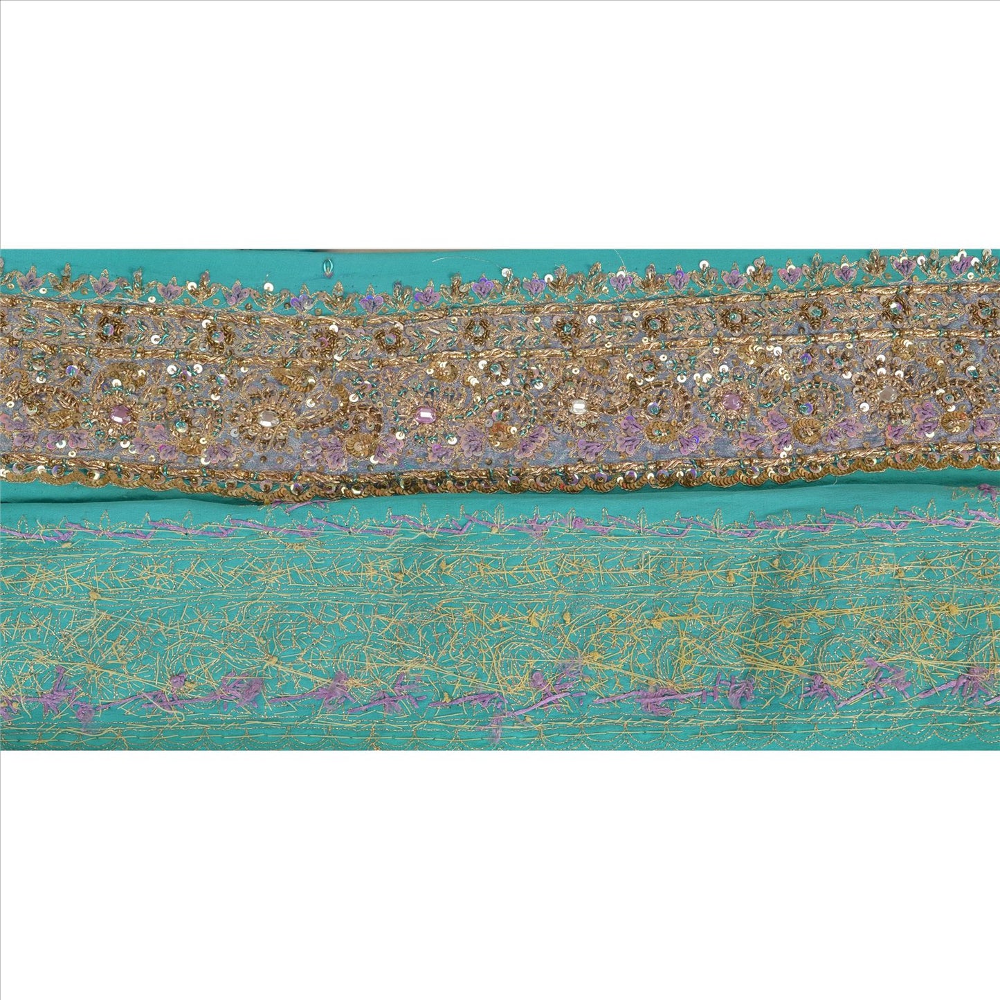 Sanskriti Vintage Sari Border Hand Beaded 1YD Indian Trim Sewing Sea Green Lace