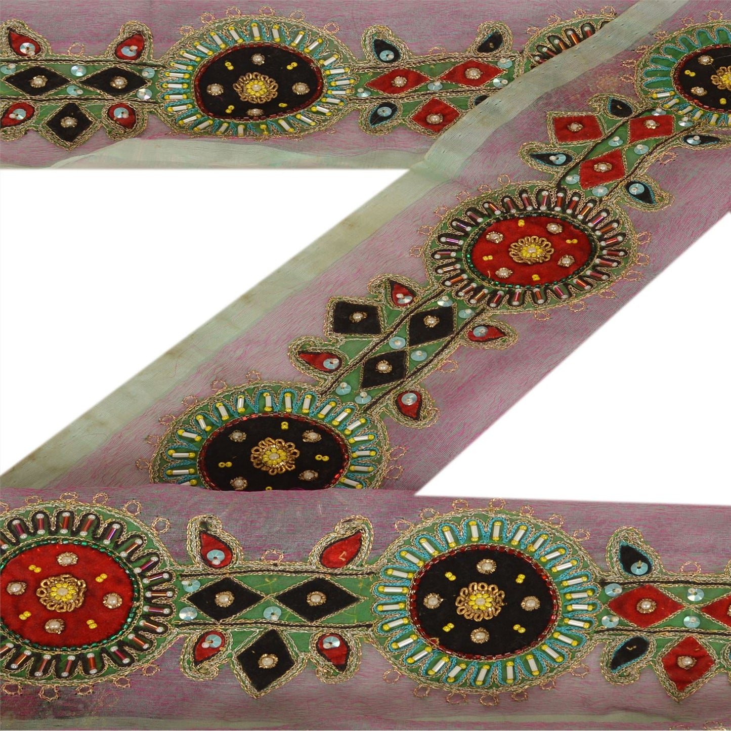 Sanskriti Vintage Sari Border Hand Beaded 1YD Indian Trim Sewing Pink Patch Lace