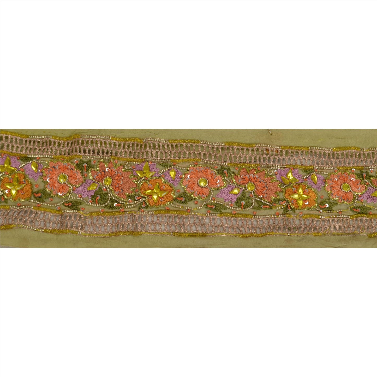 Sanskriti Vintage Sari Border Hand Beaded 1 YD Indian Trim Sewing Green Lace