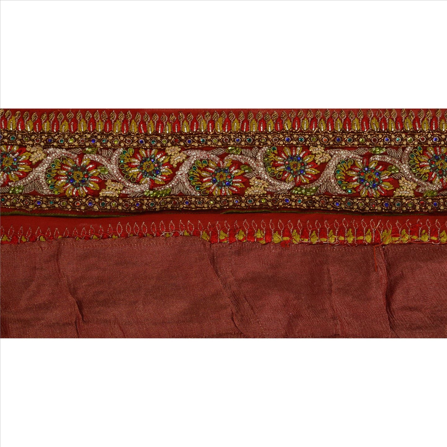 Sanskriti Vintage Sari Border Hand Beaded 1YD Trim Sewing Maroon Rhinestone Lace