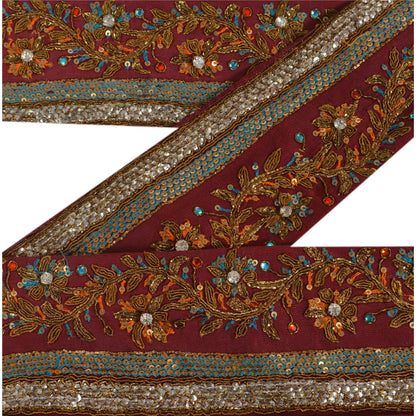 Sanskriti Vintage Sari Border Hand Beaded 1 YD Indian Trim Sewing Dark Red Lace