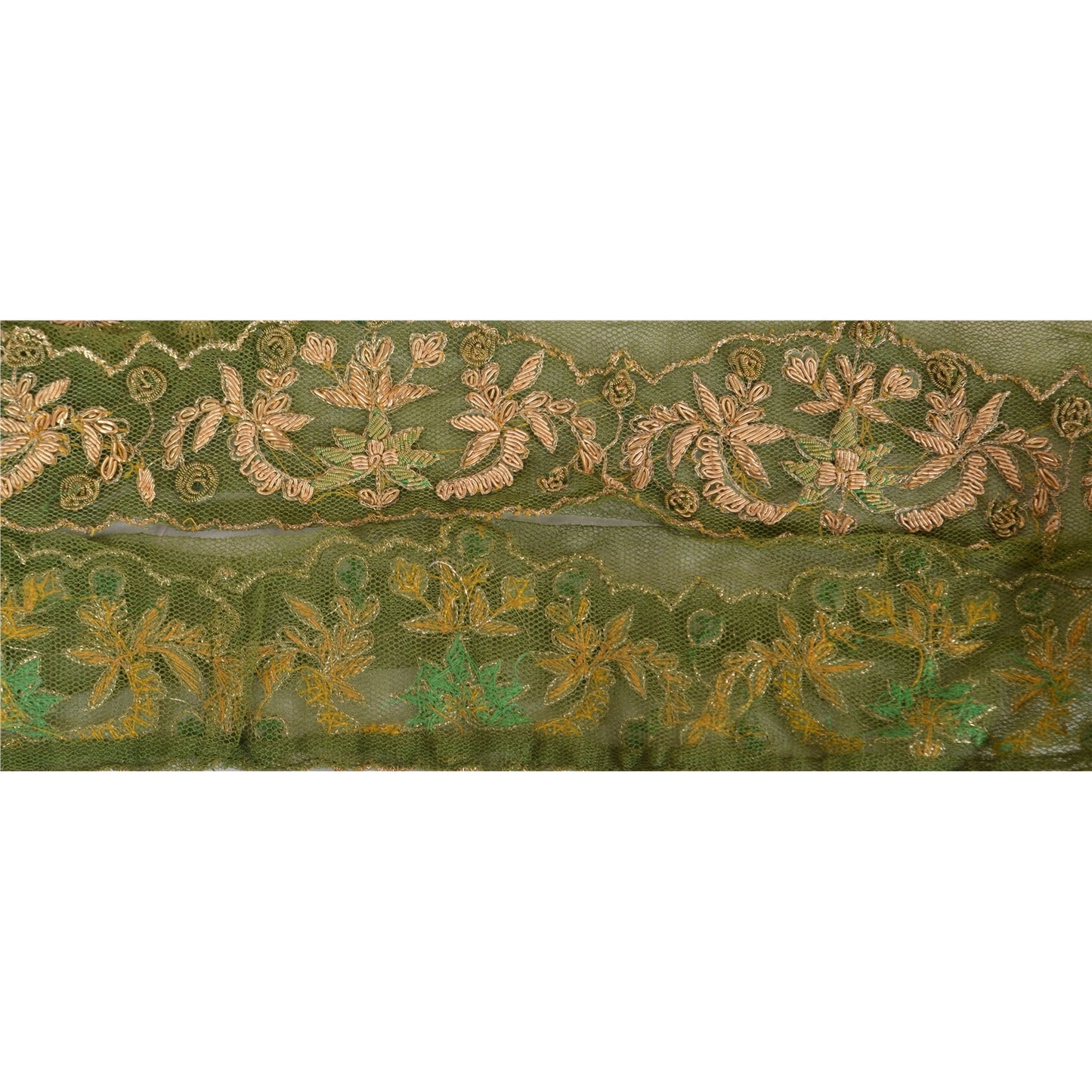 Sanskriti Vintage Sari Border Hand Embroidered 1YD Indian Trim Sewing Green Lace