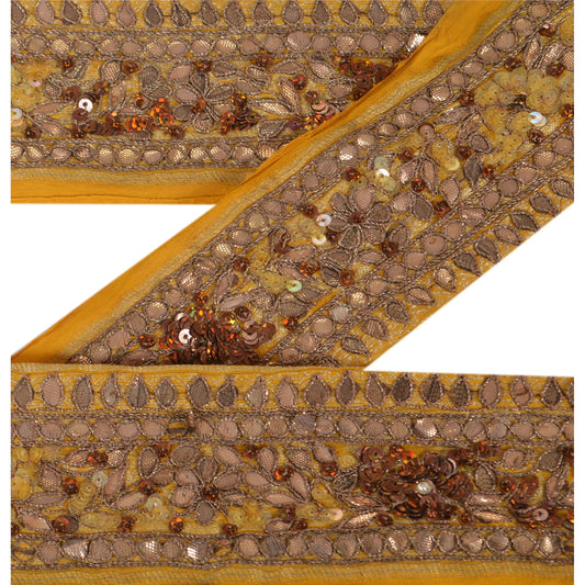 Sanskriti Vintage Sari Border Hand Beaded Woven 1 YD Trim Sewing Yellow Lace