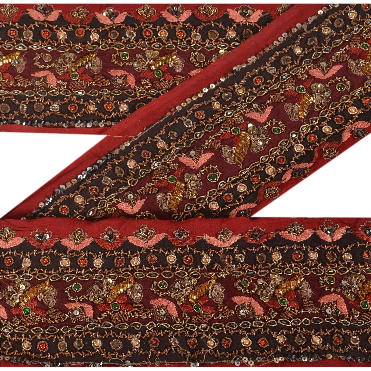 Sanskriti Vintage Sari Border Hand Beaded 1 YD Indian Trim Sewing Dark Red Lace