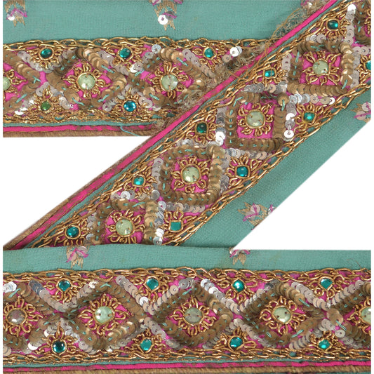 Sanskriti Vintage Sari Border Hand Beaded 1YD Indian Trim Décor Ribbon Blue Lace