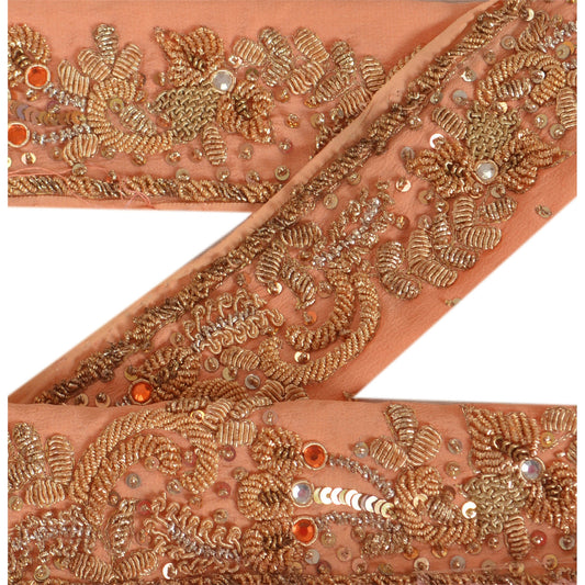 Sanskriti Vintage Saree Border Hand Beaded 1 Yard Trims Sewing Peach Decor Lace