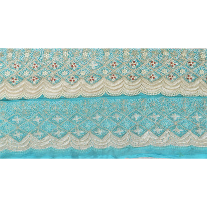 Sanskriti Vintage Sari Border Hand Beaded 1 YD Indian Trim Sewing Blue Zari Lace