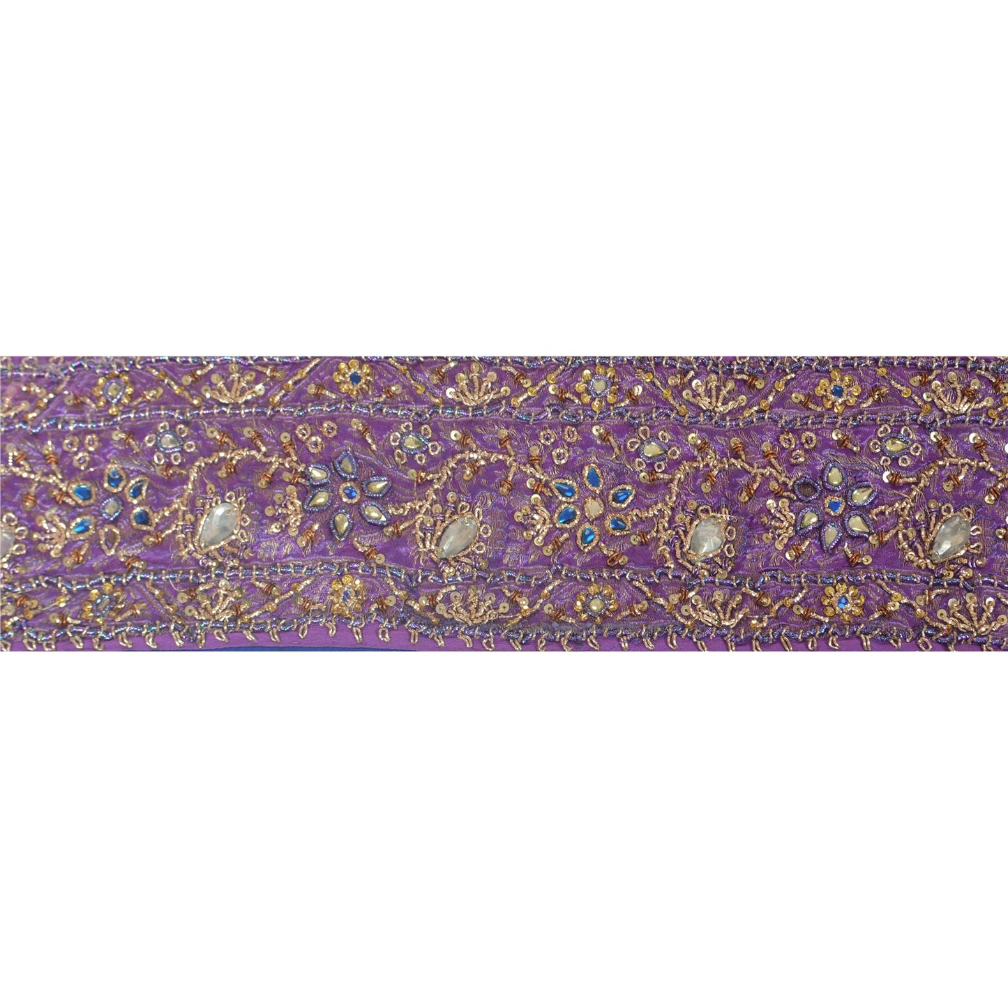 Sanskriti Vintage Sari Border Hand Beaded 1 Yard Trims Sewing Purple Deco Lace