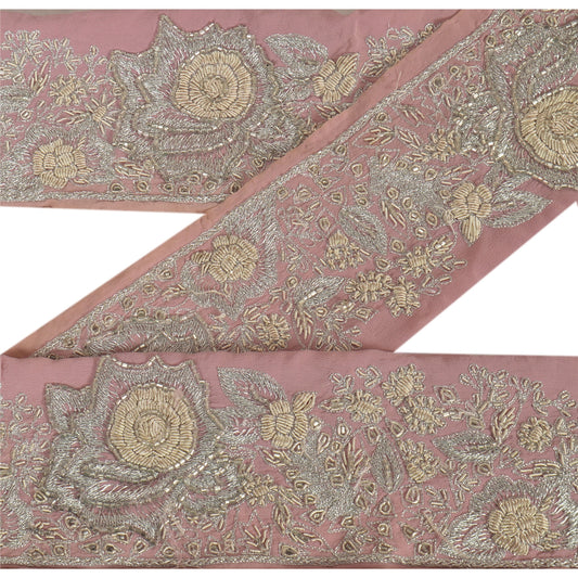 Sanskriti Vintage Sari Border Hand Beaded 1 YD Indian Trim Sewing Pink Lace