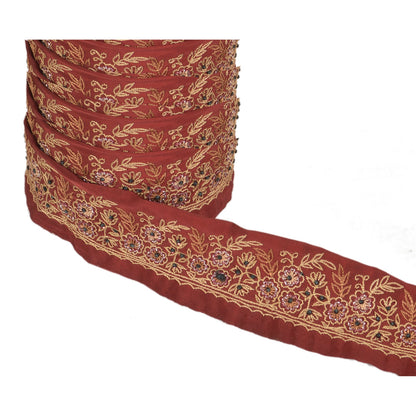 Sanskriti Vintage Sari Border Antique Hand Embroidered 1 YD Trim Ribbon Dark Red Lace