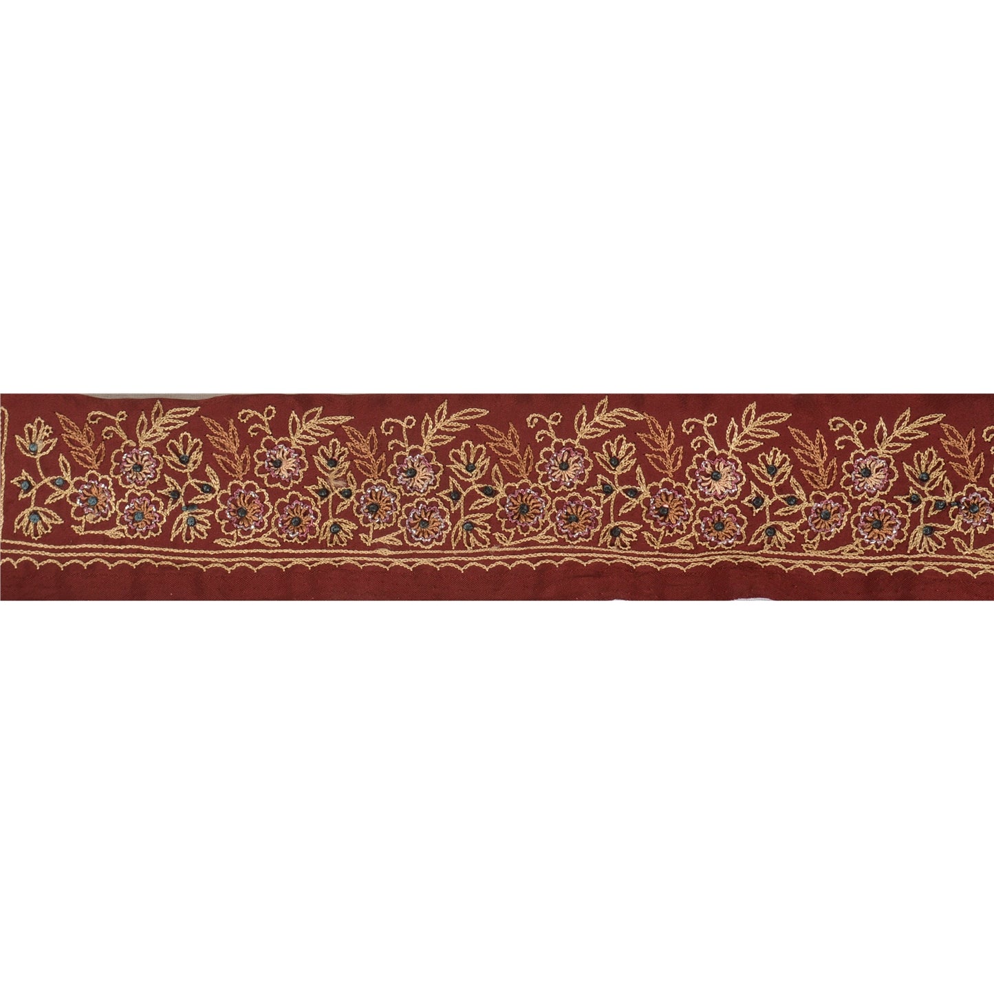 Sanskriti Vintage Sari Border Antique Hand Embroidered 1 YD Trim Ribbon Dark Red Lace