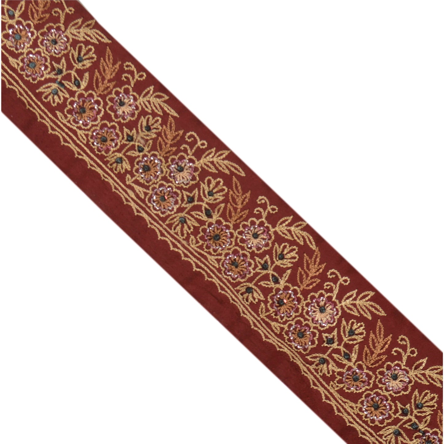 Sanskriti Vintage Sari Border Antique Hand Embroidered 1 YD Trim Ribbon Dark Red Lace