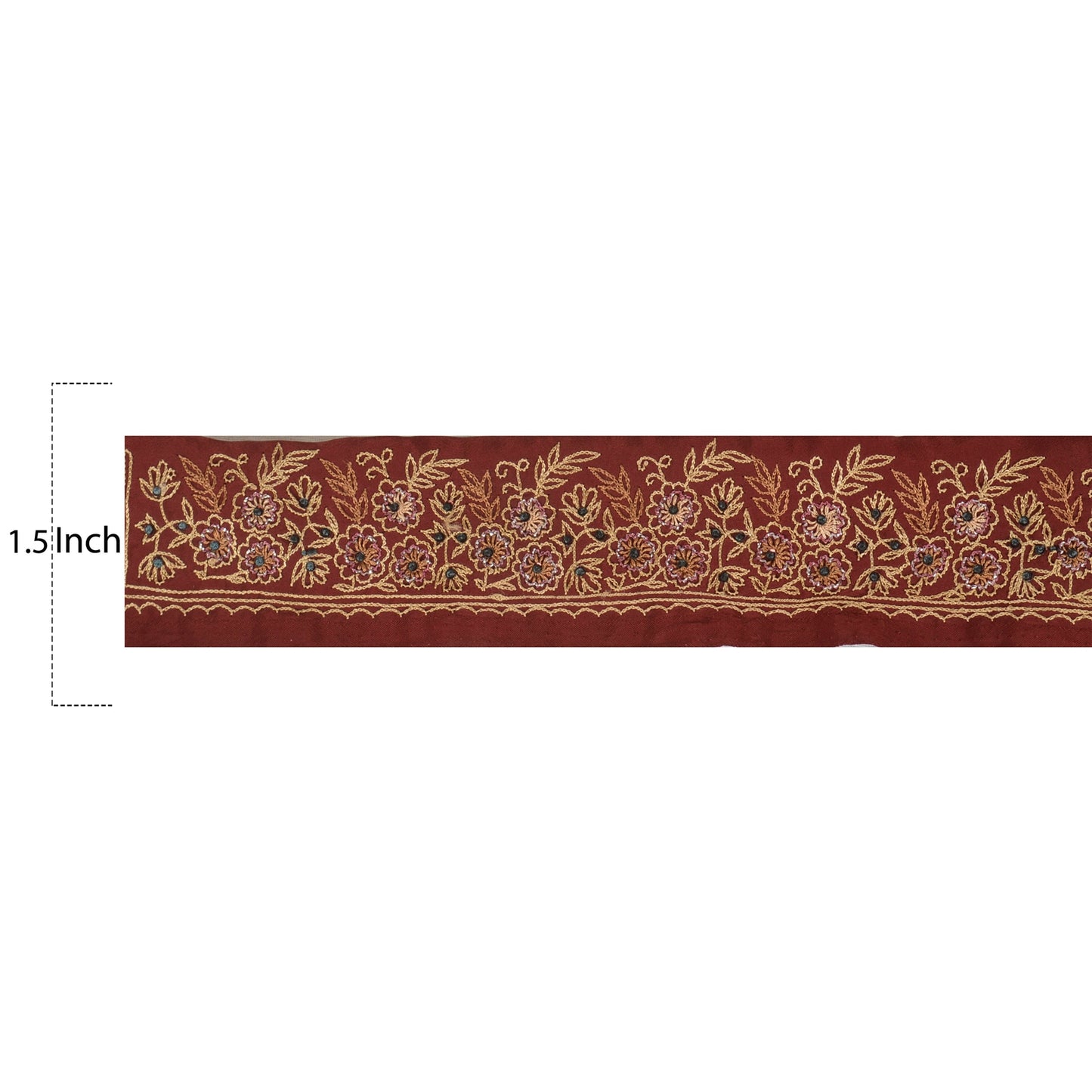 Sanskriti Vintage Sari Border Antique Hand Embroidered 1 YD Trim Ribbon Dark Red Lace