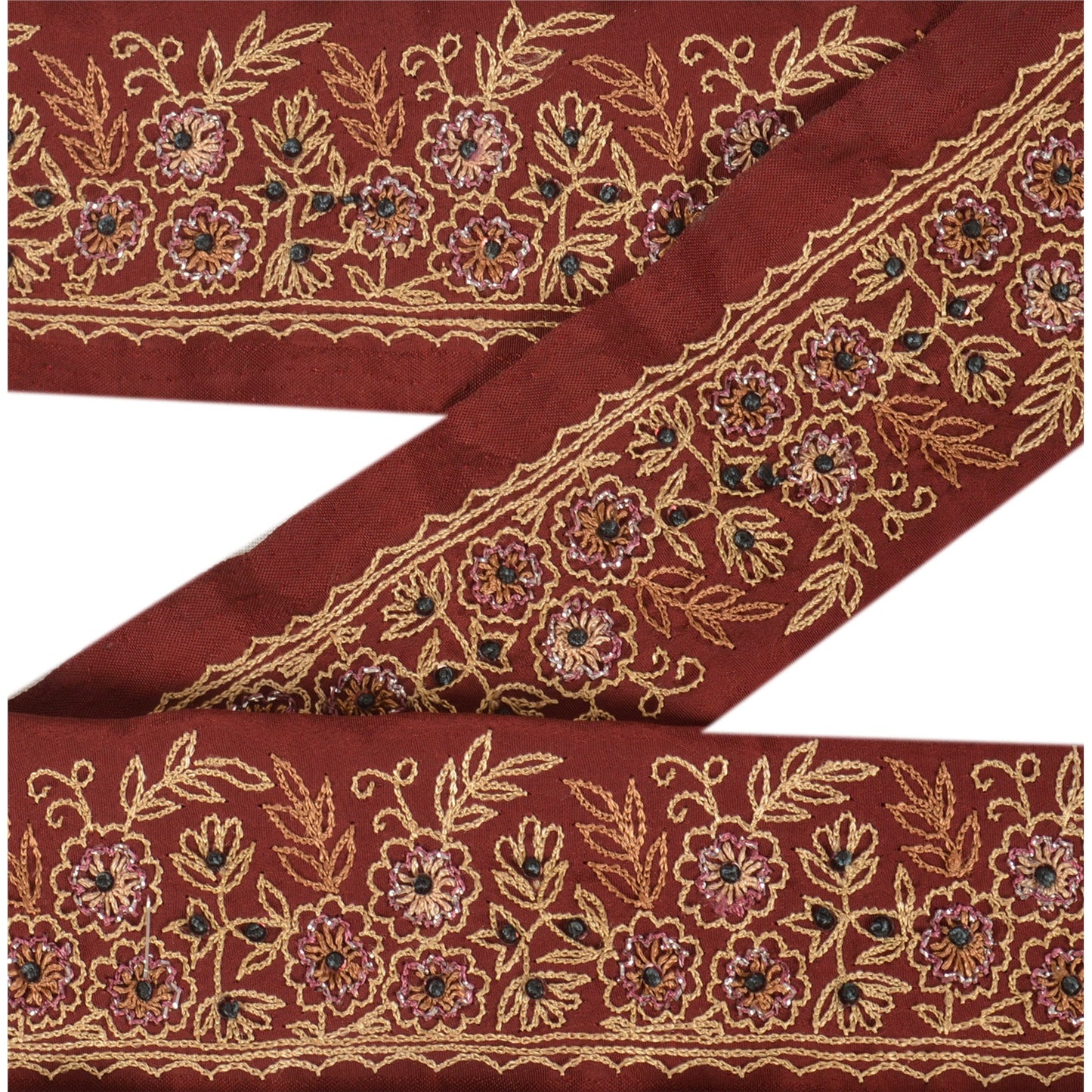 Sanskriti Vintage Sari Border Antique Hand Embroidered 1 YD Trim Ribbon Dark Red Lace