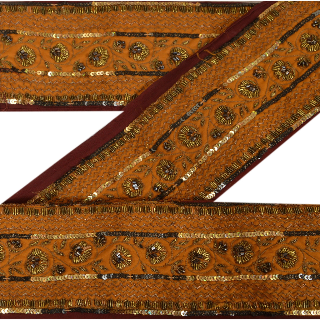 Sanskriti Vintage Sari Border Hand Beaded 1 YD Craft Trim Sewing Orange Lace