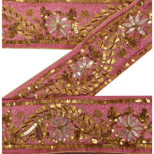 Sanskriti Vintage Sari Border Hand Beaded 1YD Indian Trim Sewing Pink Decor Lace