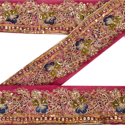 Sanskriti Vintage Sari Border Hand Beaded 1 YD Indian Trim Sewing Pink Zari Lace