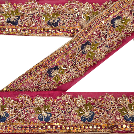 Sanskriti Vintage Sari Border Hand Beaded 1 YD Indian Trim Sewing Pink Zari Lace