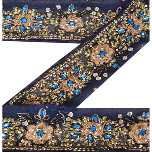 Sanskriti Vintage Sari Border Hand Beaded 1YD Indian Trim Sewing Blue Decor Lace