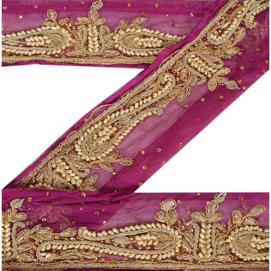 SANSKRITI VINTAGE Border Antique Hand Beaded 1 YD Indian Trim Sewing Purple Deco Lace