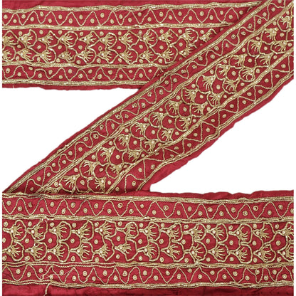 Sanskriti Vintage Sari Border Hand Beaded 1 YD Indian Trim Sewing Dark Red Lace