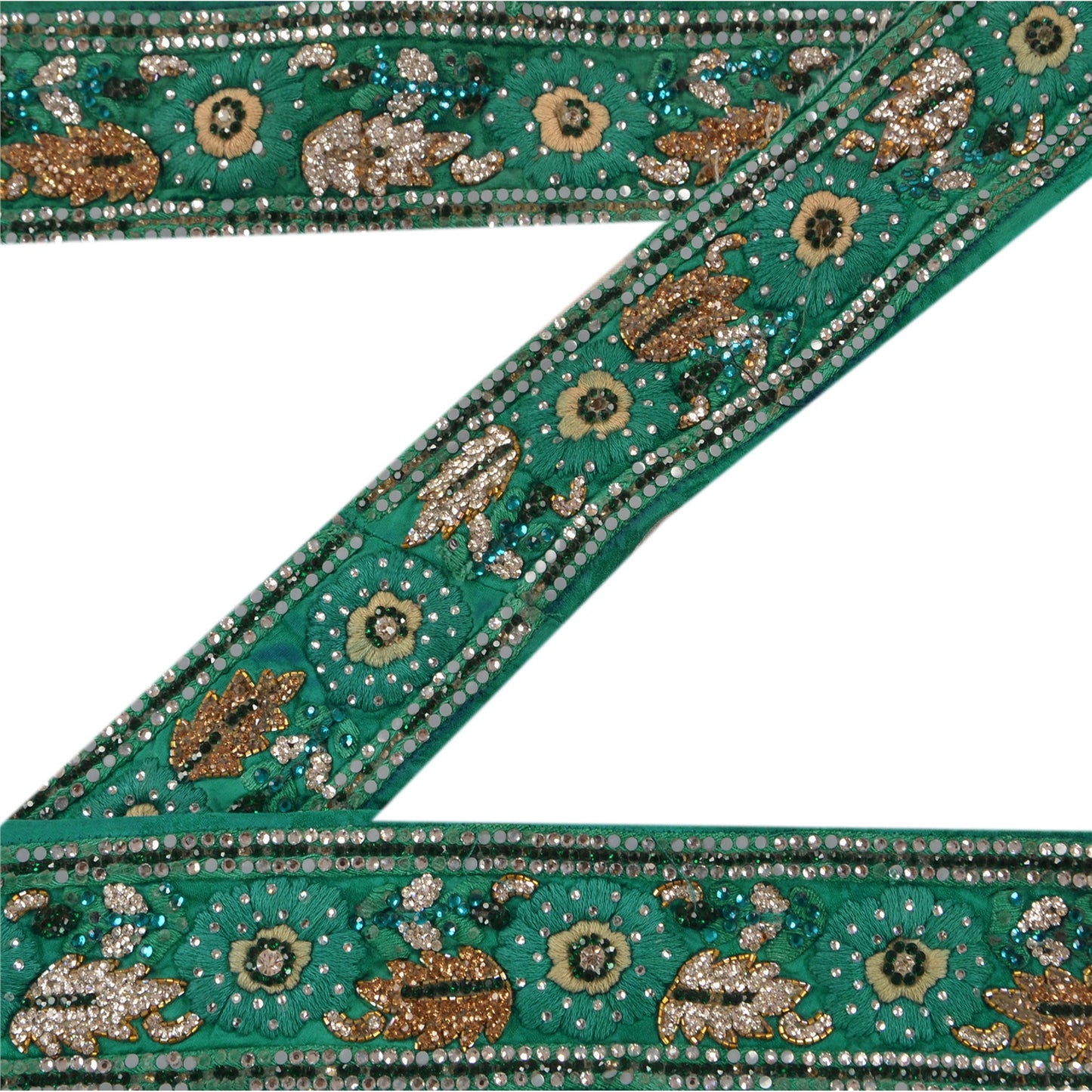 Sanskriti Vintage Sari Border Hand Beaded 1 YD Trim Sewing Green Zircon Lace