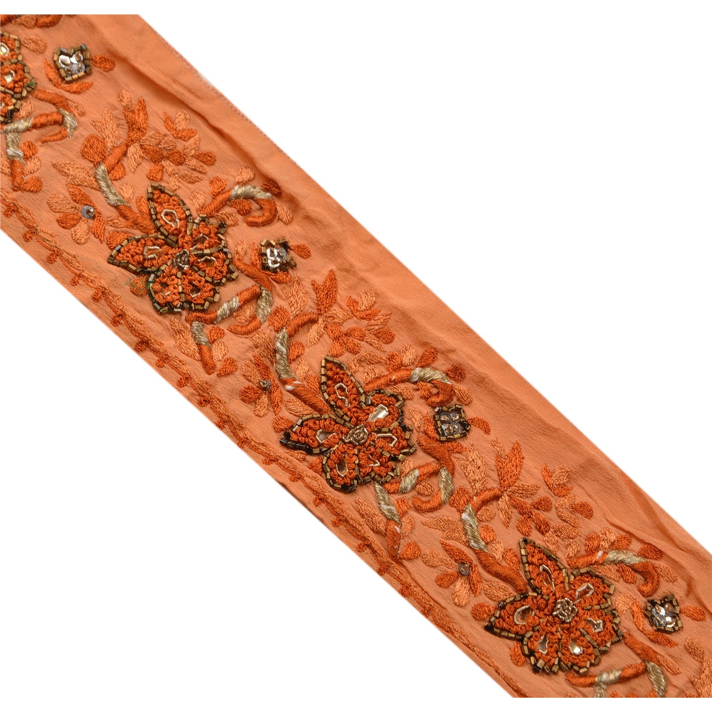 Sanskriti Vintage Sari Border Hand Beaded 2 YD Craft Trim Sewing Peach Zari Lace