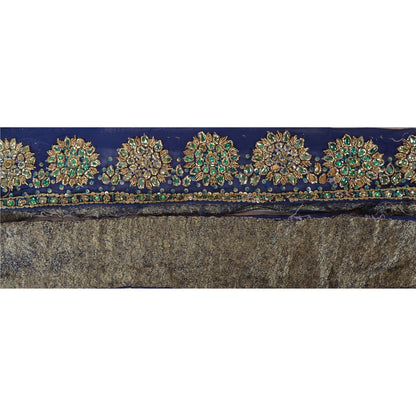 Sanskriti Vintage Sari Border Hand Beaded 1YD Trim Sewing Blue Kundan Stone Lace