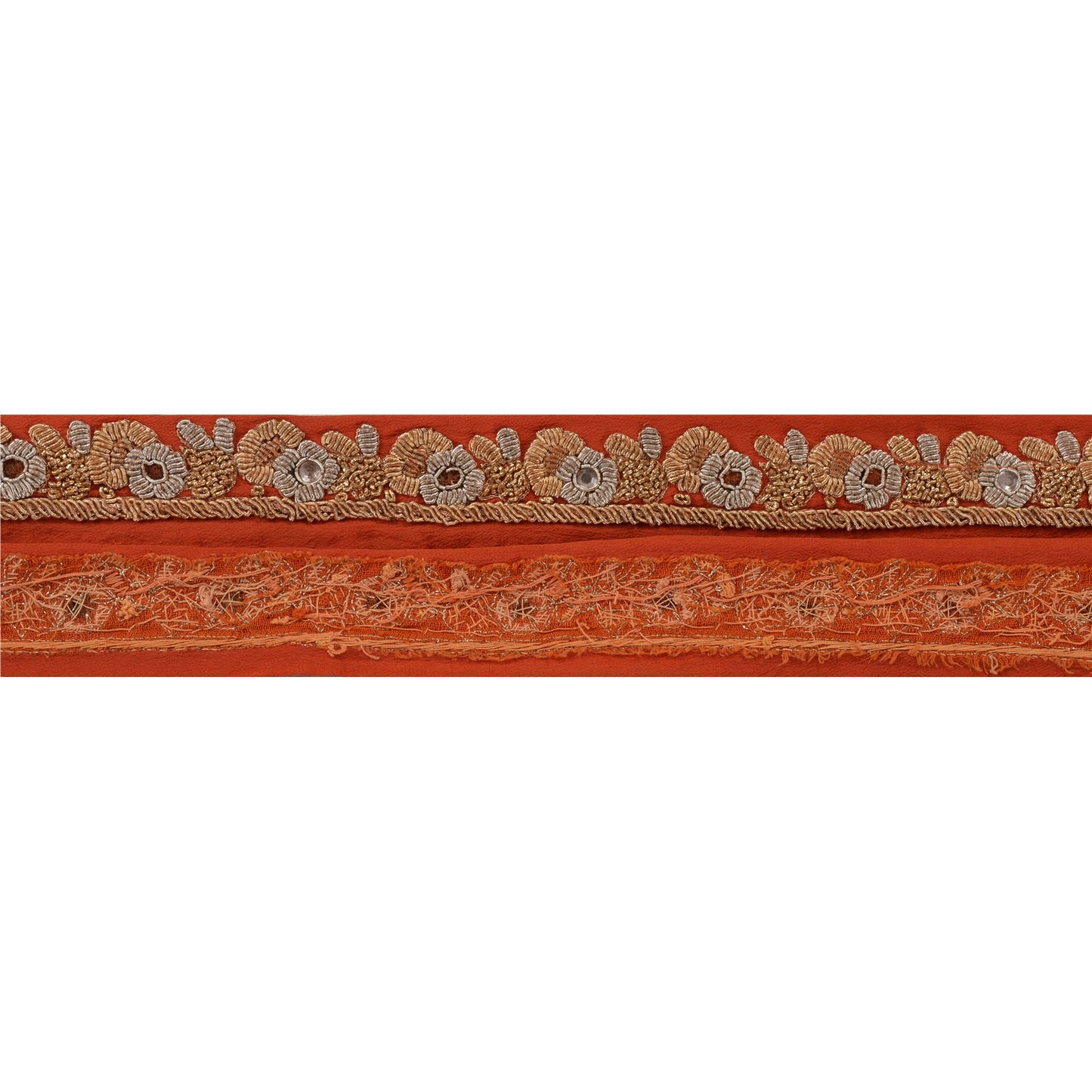 Sanskriti Vintage Sari Border Hand Embroidered 1 Yard Trims Ribbon Orange Lace