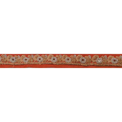 Sanskriti Vintage Sari Border Hand Embroidered 1 Yard Trims Ribbon Orange Lace