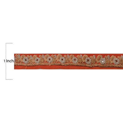 Sanskriti Vintage Sari Border Hand Embroidered 1 Yard Trims Ribbon Orange Lace