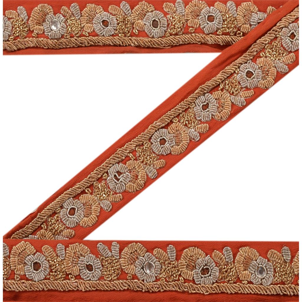 Sanskriti Vintage Sari Border Hand Embroidered 1 Yard Trims Ribbon Orange Lace