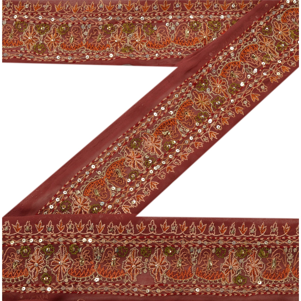 Sanskriti Vintage Sari Border Hand Beaded 2YD Indian Trim Sewing Dark Red Lace