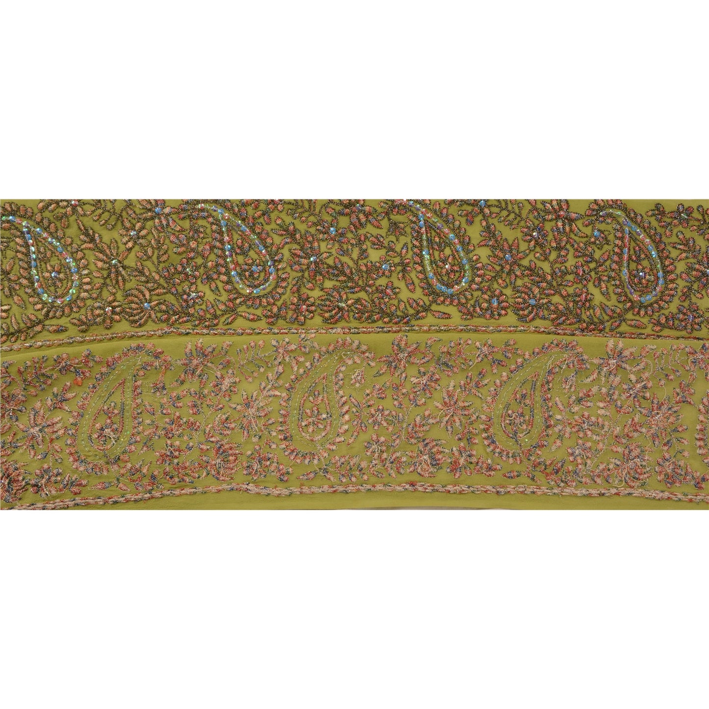 Sanskriti Vintage Sari Border Antique Hand Beaded 1 YD Indian Trim Sewing Green Deco Lace