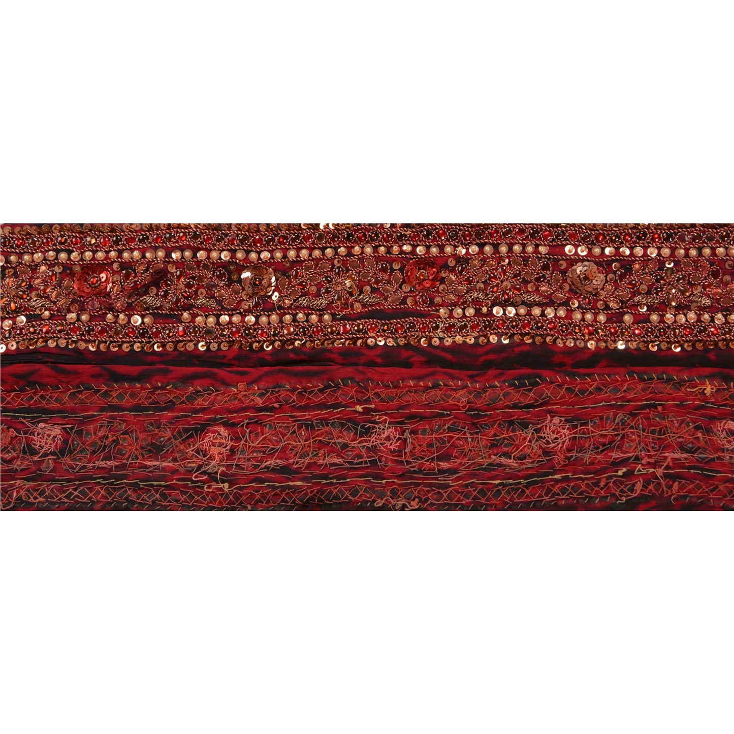 Sanskriti Vintage Sari Border Hand Beaded Leheria 1YD Trim Sewing Dark Red Lace