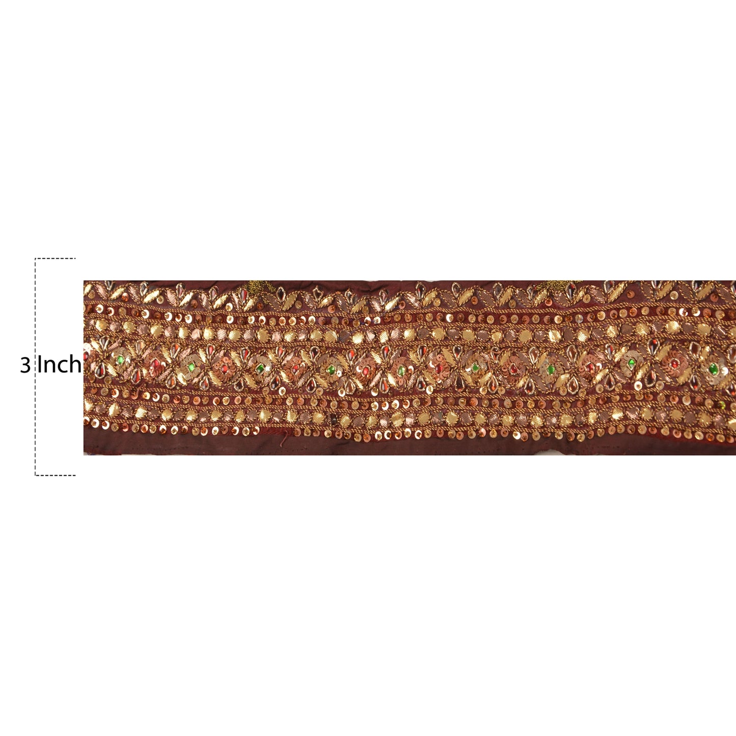 Sanskriti Vintage Sari Border HandBead 1YD Trim Sewing Brown Kundan Stone Lace