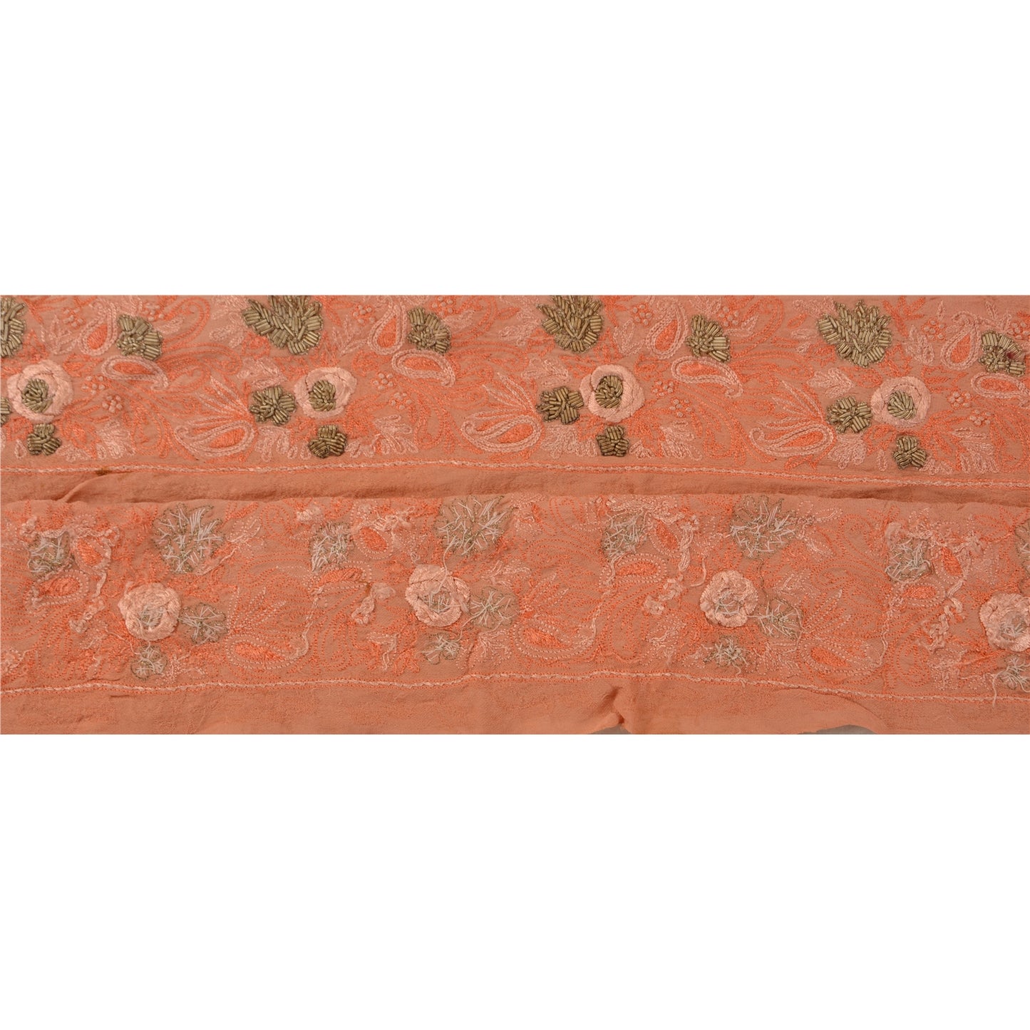 Sanskriti Vintage Sari Border Hand Embroidered 1 YD Trim Sewing Peach Craft Lace