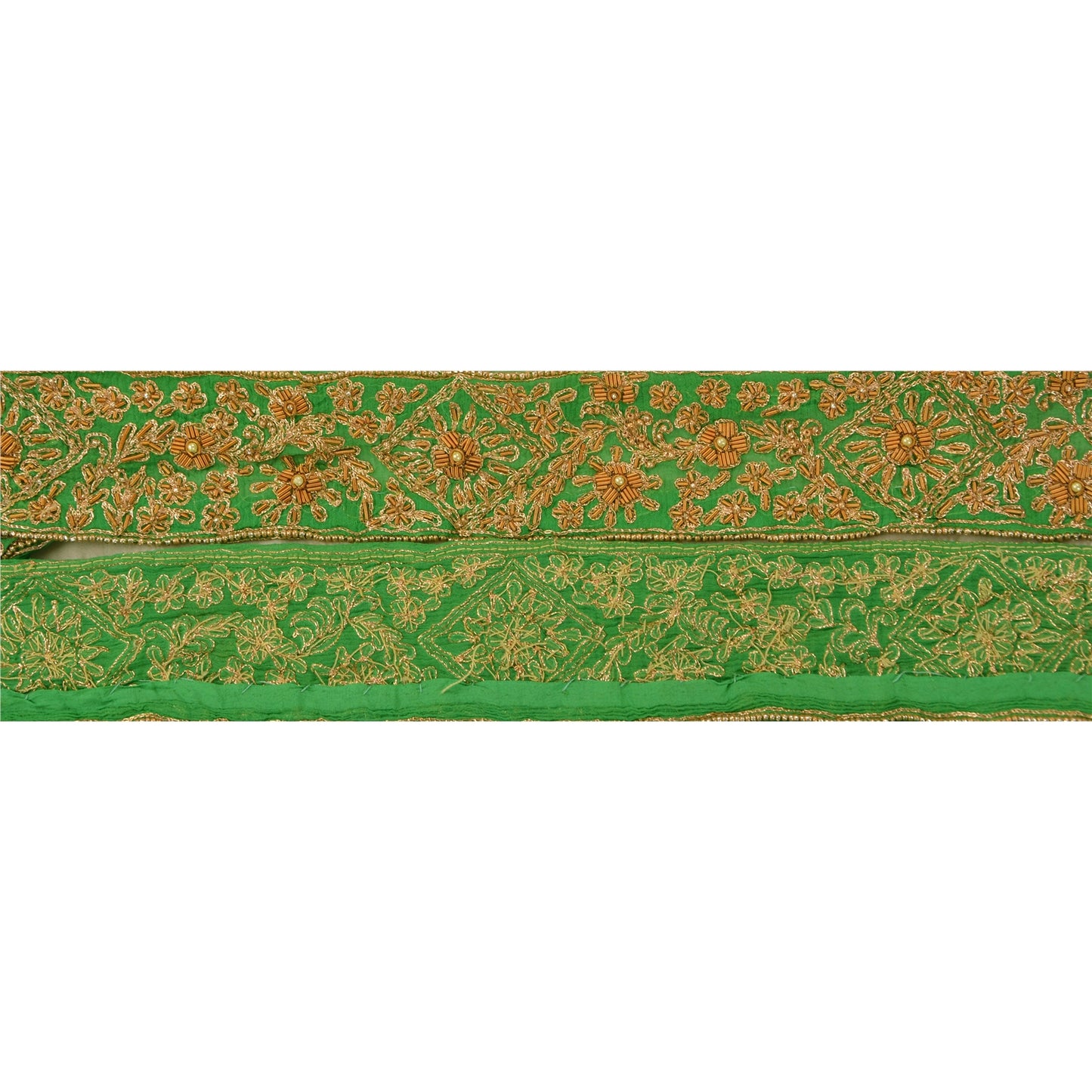 Sanskriti Vintage Sari Border Hand Beaded 1 YD Indian Trim Craft Green Zari Lace