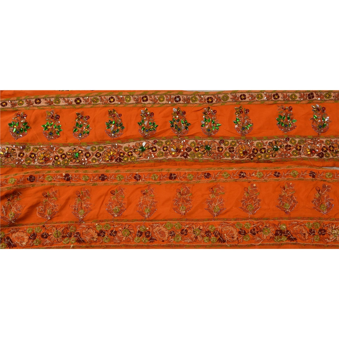 Sanskriti Vintage Sari Border Hand Beaded 1 YD Indian Trim Sewing Orange Lace