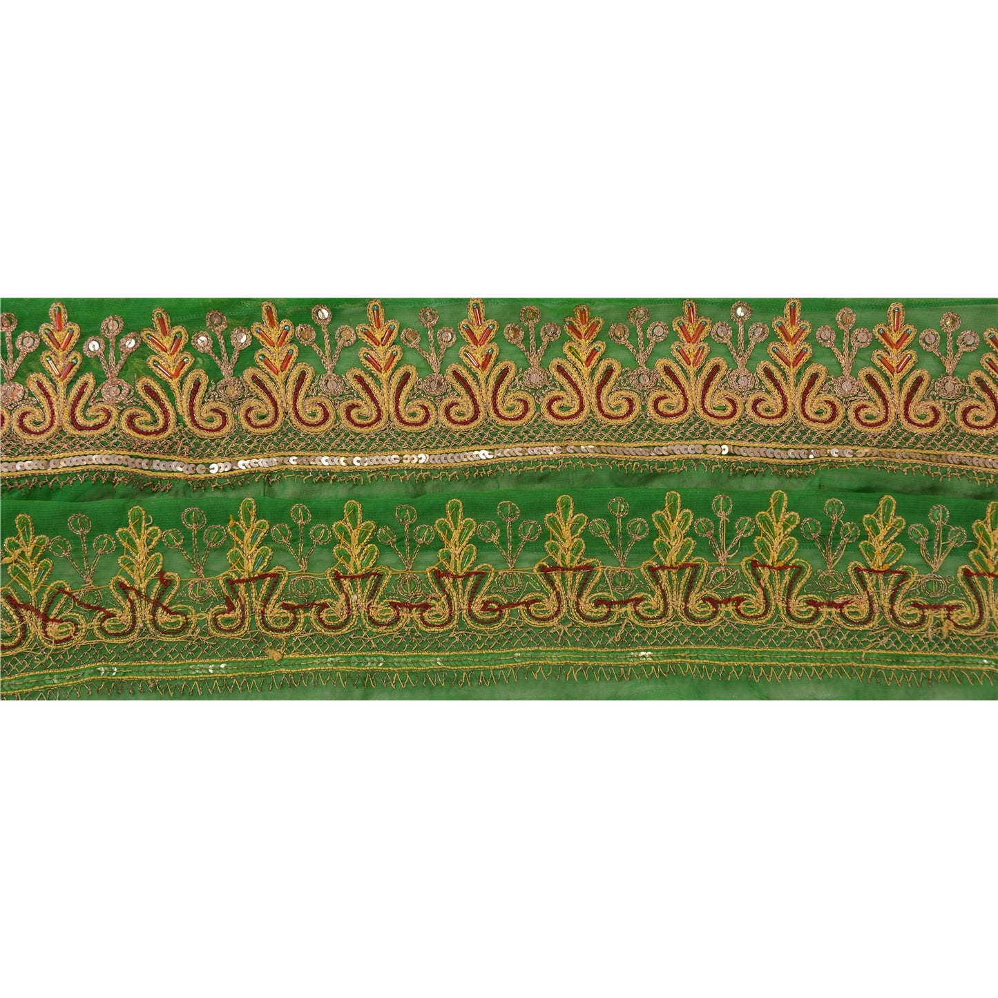 Sanskriti Vintage Sari Border Hand Beaded 1YD Trim Sewing Green Deco Lace