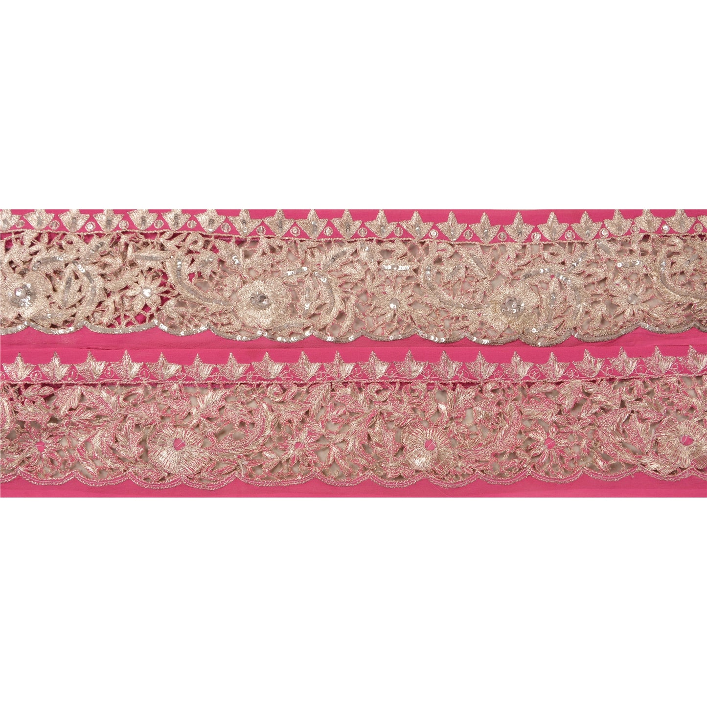 Sanskriti Vintage Sari Border Hand Beaded 1YD Indian Trim Sewing Pink Zari Lace