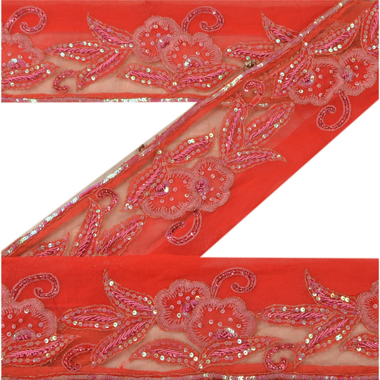 Sanskriti Vintage Sari Border Hand Beaded 1 YD Indian Trim Craft Red Patch Lace